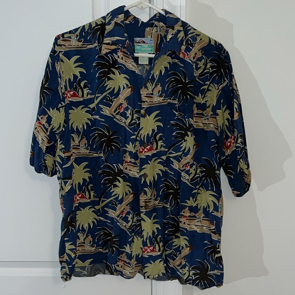 Blue outrigger surfboard luau beach casual Reyn Spooner Aloha Hawaiian Shirt-M